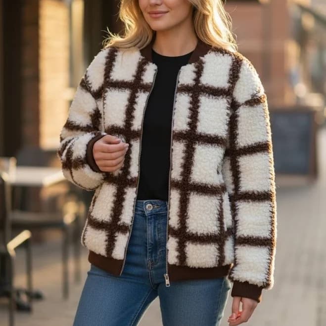 Bluivy Cozy Checkerboard Teddy Fleece Sherpa Half Zip Jacket