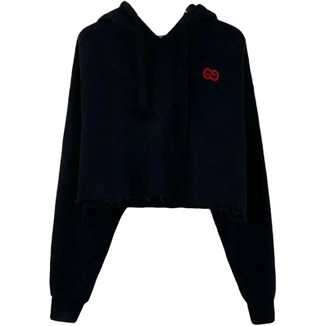 GUCCI Black Cotton Cropped Hoodie with Red GG Logo M International