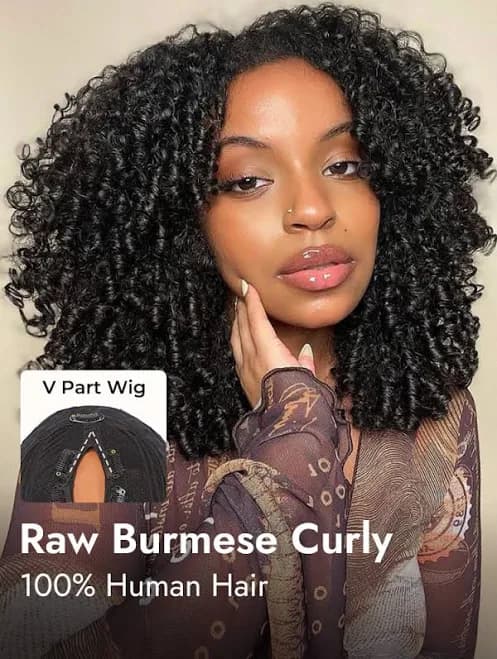 Burmese Curly Human Hair No Leave Out Glueless V Part Wig