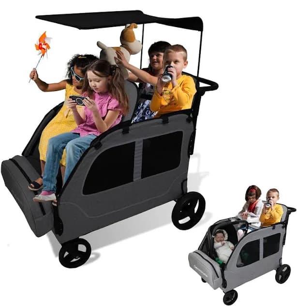 4 Seater Wagon Stroller, Large Wagon for Kids 2 3 Toddler Travel All Terrain Daycare Quad Triple Twin Double Side by Side Stroller with Canopy Convertible Seats (Dark Grey)
