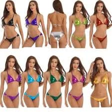 Women Metallic 2Pcs Bikini Set Halter Bra Top with O Ring Briefs Thong Swimwear