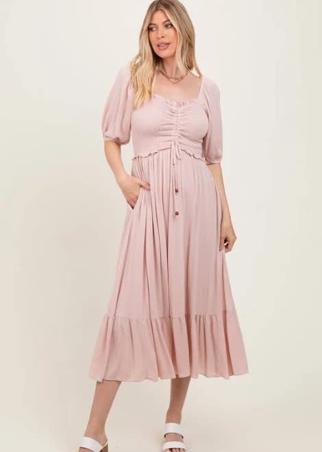 Light Pink Smocked Cinched Front Maxi Dress