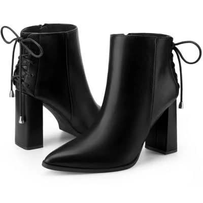 Blissful Step Women's Pointed Toe Chunky Heel Back Lace Up Ankle Booties
