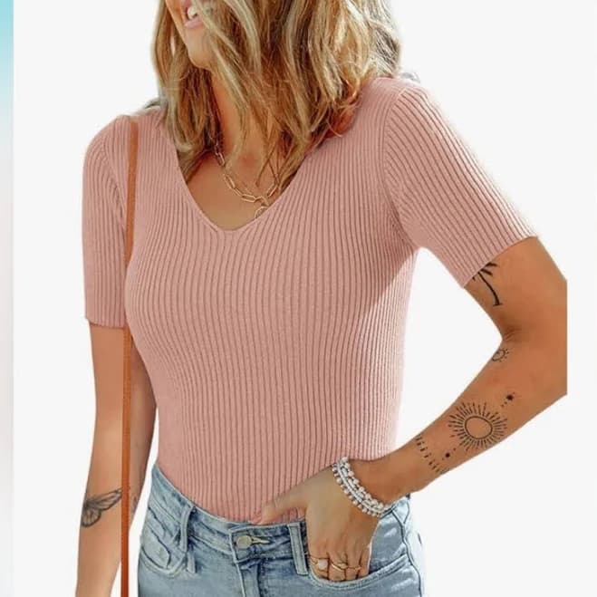 Dokotoo Women's Slim Fit V-Neck Ribbed Knit Top