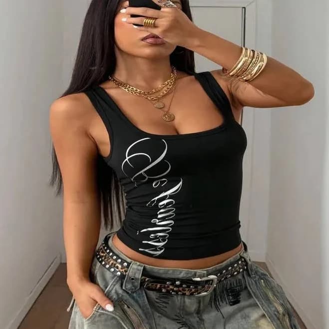 Y2k Streetwear Racerback Tank Top with Cursive Script Print