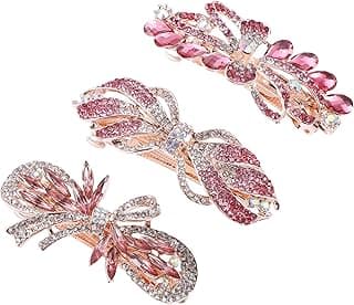 VOCOSTE 3 Pcs Hair Barrettes, Hair Accessories for Women, Sparkly Glitter, Rhinestones Hair Clips, Pink