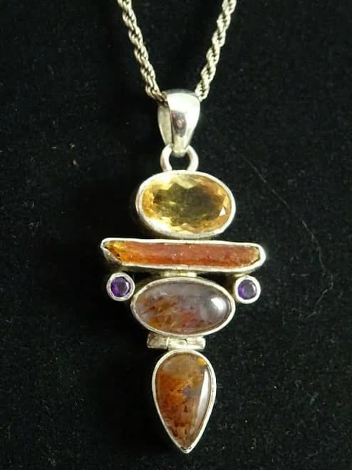 Artisan Multi Gemstone Pendant Sterling Silver 925 Twist Chain