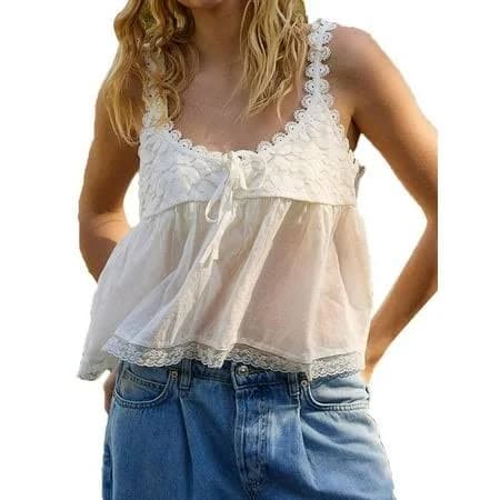 Women Lace Trim Tank Tops Y2k Tie Front Semi Sheer Crop Vest Cute Sleeveless Scoop Neck Flowy Shirt White L, Women's, Size: Large