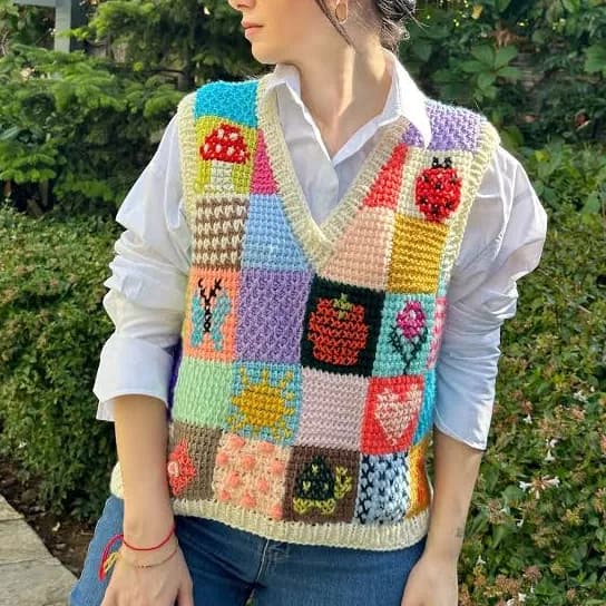 Handmade Tunisian Crochet Patchwork Sweater