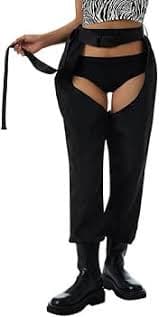 Women Buckle Bottomless Pants Sexy High Waist Rave Chaps Hollow Out Cargo Crotch Pants See Through Long Rave Leggings（Pants Black，Small） at Amazon Women's Clothing store