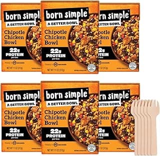 Born Simple Ready to Eat Meals with Sporks, Chipotle Chicken Bowl, Improved Recipe - 22g Protein, Prepared Meal, Microwavable Entree, 11 oz (Pack of 6)