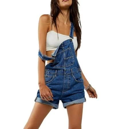 Women's Classic Adjustable Straps Cuffed Hem Denim Bib Overalls with Pockets