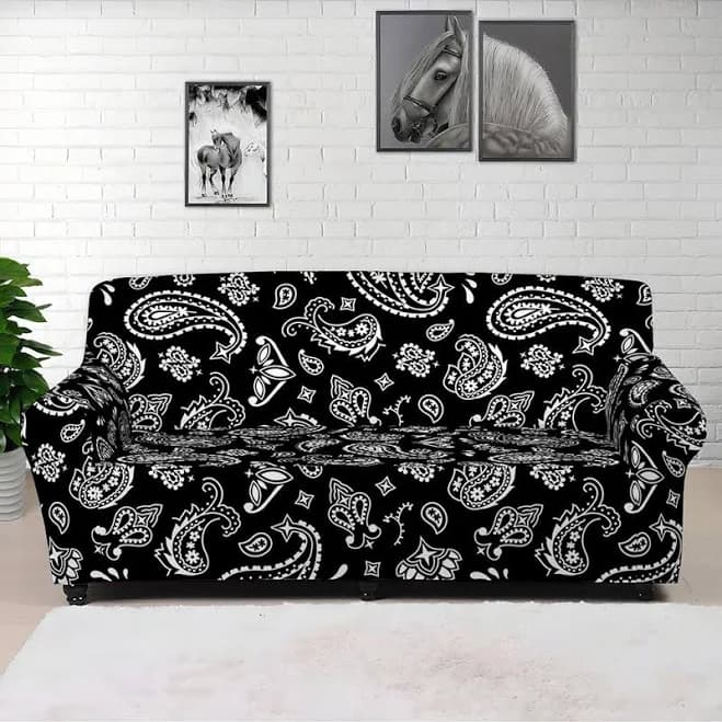 Black Paisley Pattern Print Sofa Cover
