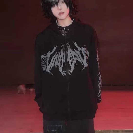 Gothic Zip-Up Hoodie with Skeletal Wing Print