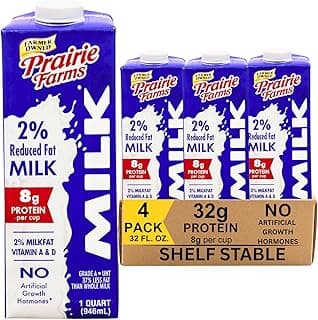 Prairie Farms Milk 2% Percent, Shelf Stable, Reduced Fat, Boxed & Ulta Pasteurized (UHT), Vitamin D White Milk - Preservative and Hormone Free, Gluten Free, Kosher, Made in USA - 1 Quart (4 Pack)