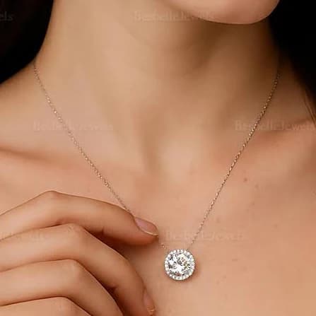 Dainty Halo Round Cut Silver Necklace