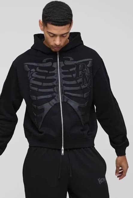 boohooMAN Men's Oversized Skeleton Puff Print Hoodie