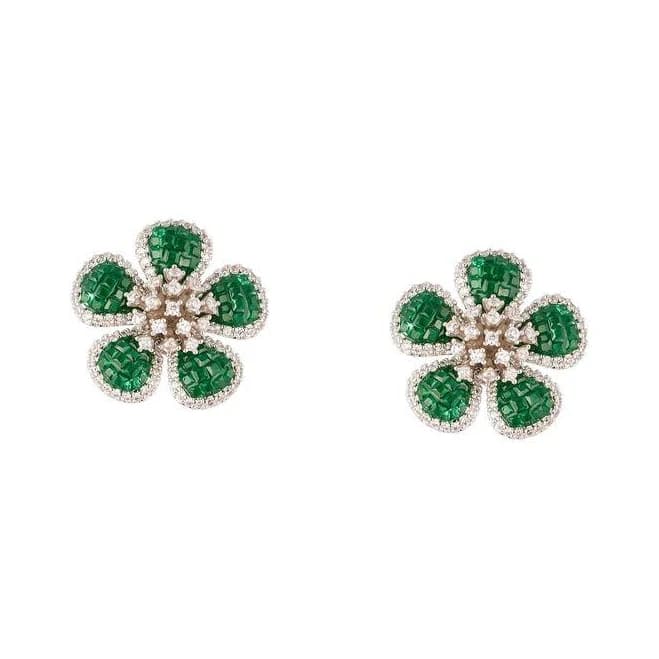Floral Cluster Stud Earrings with Green Stones