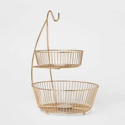 Delavan Collection Metal Wire 2-Tier Fruit Basket with Banana Hanger Gold - Threshold : Fruit Stand & Holder, Iron, 17.75"