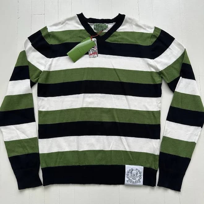 Tripp Nyc V Neck Sweater Striped Green White Black Size Large