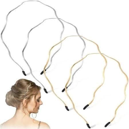4 Pcs Metal Headbands for Women Trendy, Gold Silver Wavy Headbands for Women's Hair, Cute Elastic Head Band Hair Accessories for Women Girls (Gold,
