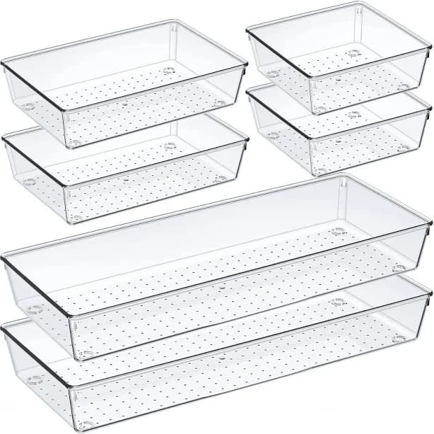 Criusia 6 Pcs Large Size Clear Drawer Organizer Set, Acrylic Non Slip Non Cracking Kitchen Drawer Storage Tray Divider, Multifunctional Storage for