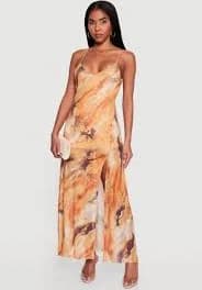 Marble Print Maxi Dress - ORANGE / L
