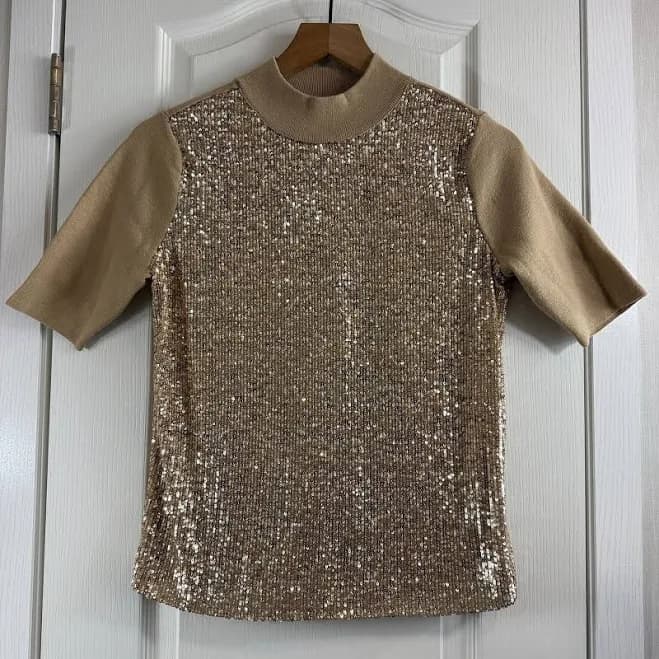 Ann Taylor Petite Gold Sequin Mock Neck Short Sleeve Sweater Size Xs P