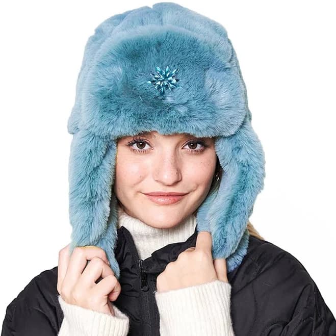 Tiffani Blue Faux Rabbit Fur Ear Flap Hat with Clasp (Ushanka) with Brooch