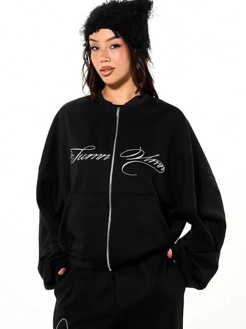 Sumwon Oversized Full-Zip Hoodie with Embroidered Script Print