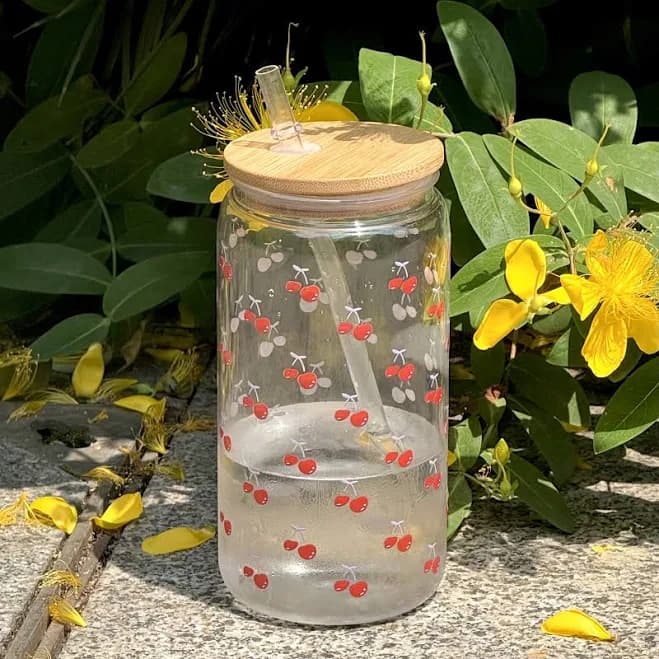Cherry themed items, Iced coffee cup, 16oz Cherry Print Reusable Water Cup with Straw and Lid, Tumblers cups clearance, Tumbler with lid and straw,