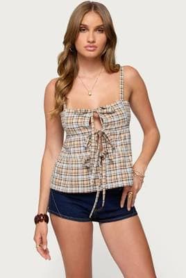 Edikted Women's Mirena Tie Front Plaid Top