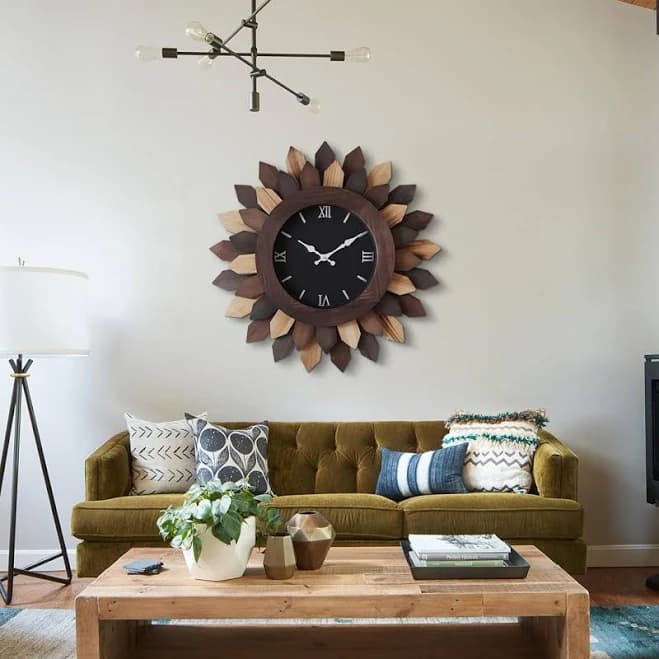 24'' Large Boho Wall Clock For Living Room Decor - Silent Battery Operated Farmhouse Wood Wall Clock With Sunburst Design For Home, Office, Bedroom,