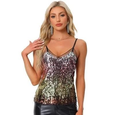 Allegra K Women's Sequin Sparkle Mesh Panel Sleeveless Party Club Cami Tops