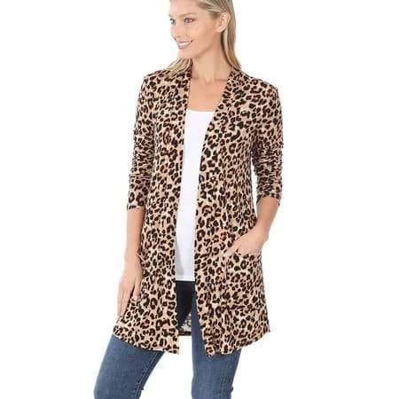 pacificplex Leopard Slouchy Pocket Open Cardigan Cover-Up Women's