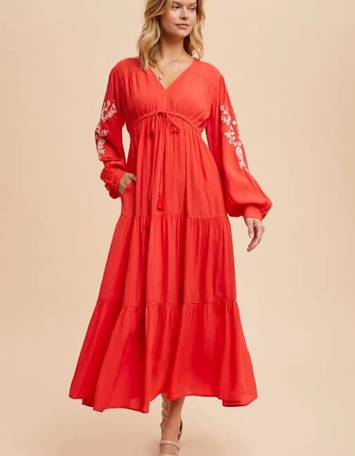 Embroidered Long Sleeve Maternity Maxi Dress