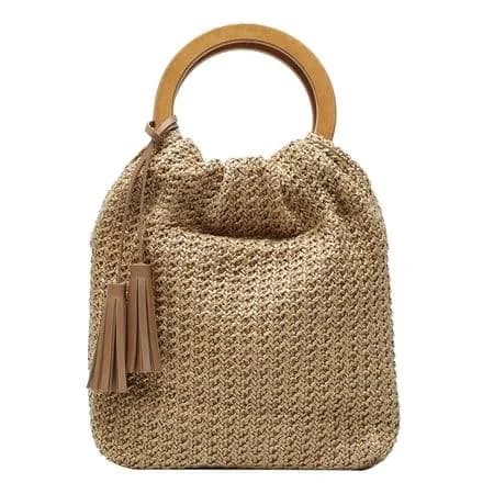 1pc Fashion Straw Woven Bag Round Wooden Handle Bag