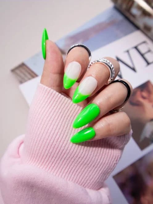 Neon Green French Tip Press On Nails, Premium Reusable Handmade Fake Nails, Almond Shape, Colorful Loud, Gyaru Style, Hip Hop Grunge Lime
