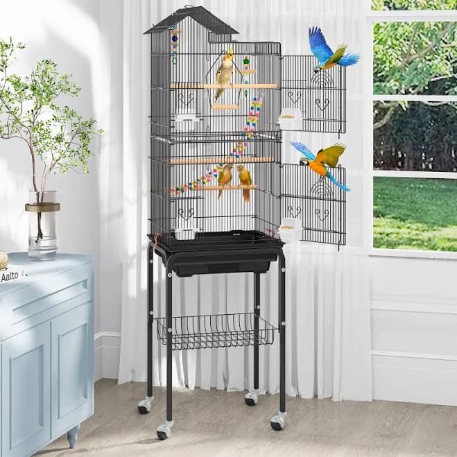 Large Bird Cage with Roof Top, Rolling Stand, and Toys