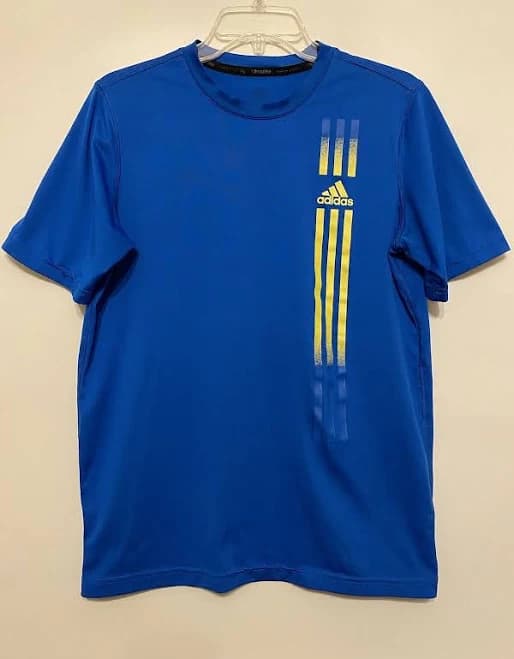Adidas Shirt Youth Xl Blue Yellow Stripes Short Sleeve Climalite Keeps