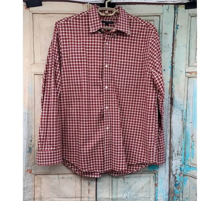 Banana Republic Mens Xl Red White Checkered Plaid Button Down Long