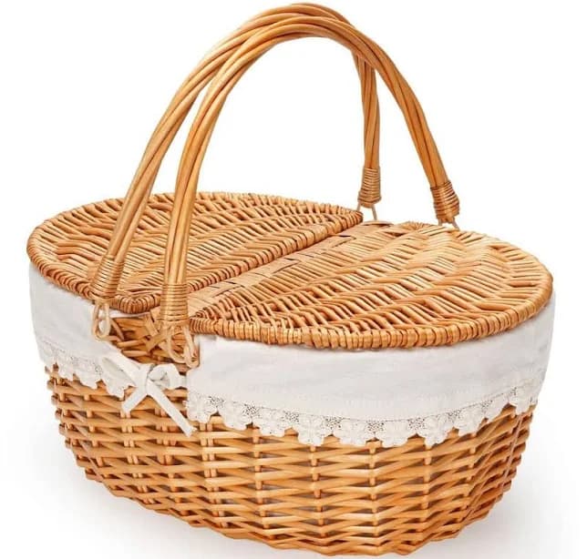 Esepony 15 in. Wicker Picnic Basket with Removable Liner, Lid for Picnic, Camping, Outdoor and Birthday, Cream (1-Pack)