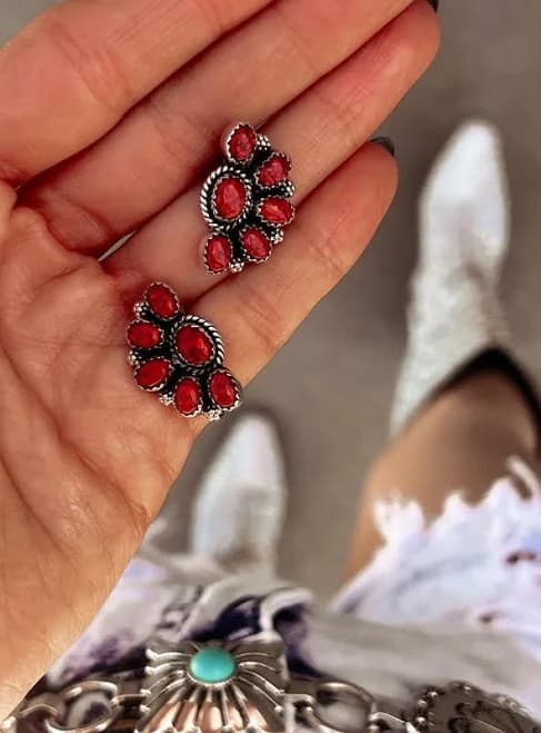 Blossom Earrings with Half Cluster Design and Genuine Stones Red Opal