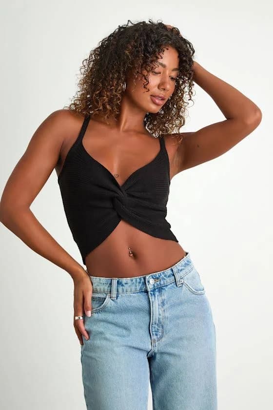 Lulus Ribbed Knotted Crop Tank Top