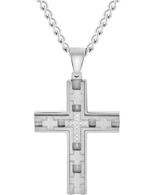 Believe by Brilliance Men's Stainless Steel Cubic Zirconia Cross Pendant Necklace Chain