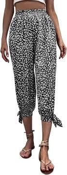 Amazon.com: YOLAI Womens Flower Prinnted Linen Pants Elastic Waist Summer Cropped Trousers with Pockets Knee Length Trousers (Black, S) : Sports & Outdoors