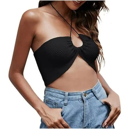 Women's Criss Cross Cut Out Halter Ribbed Crop Top