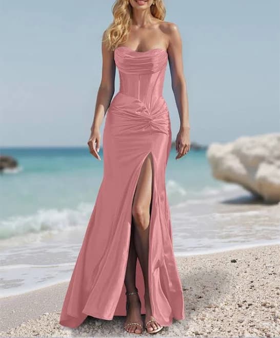 Missacc Fitted Cowl Neck Strapless Lace Up Back Acetate Satin Prom Dress