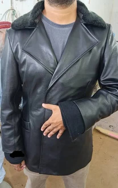 Men's Long Leather Trench Overcoat with Fur Collar