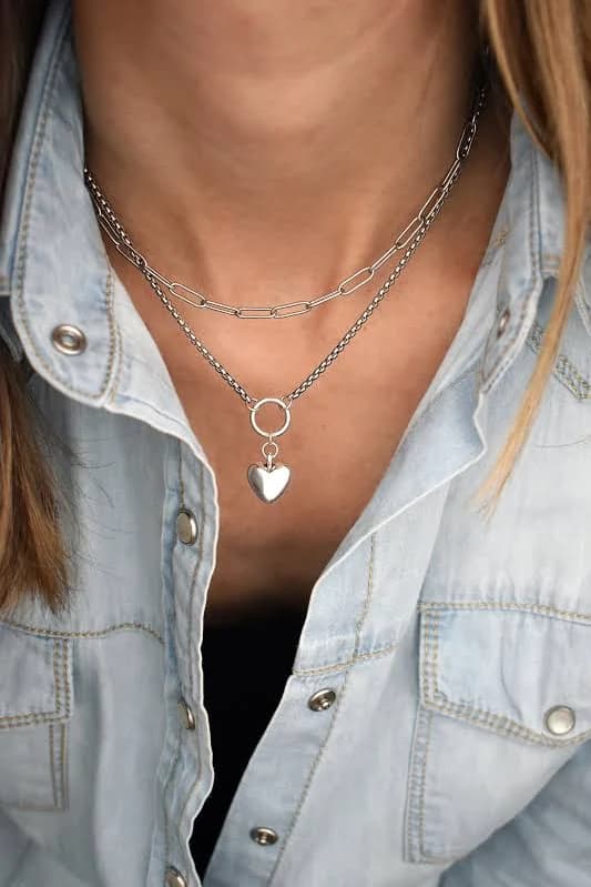 Women's Double Chain Heart Necklace with Puff Heart Charm